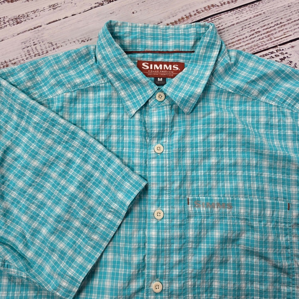 Simms Fishing Shirt Mens M Turquoise Plaid Excellent Short Sleeve Button‎ Up